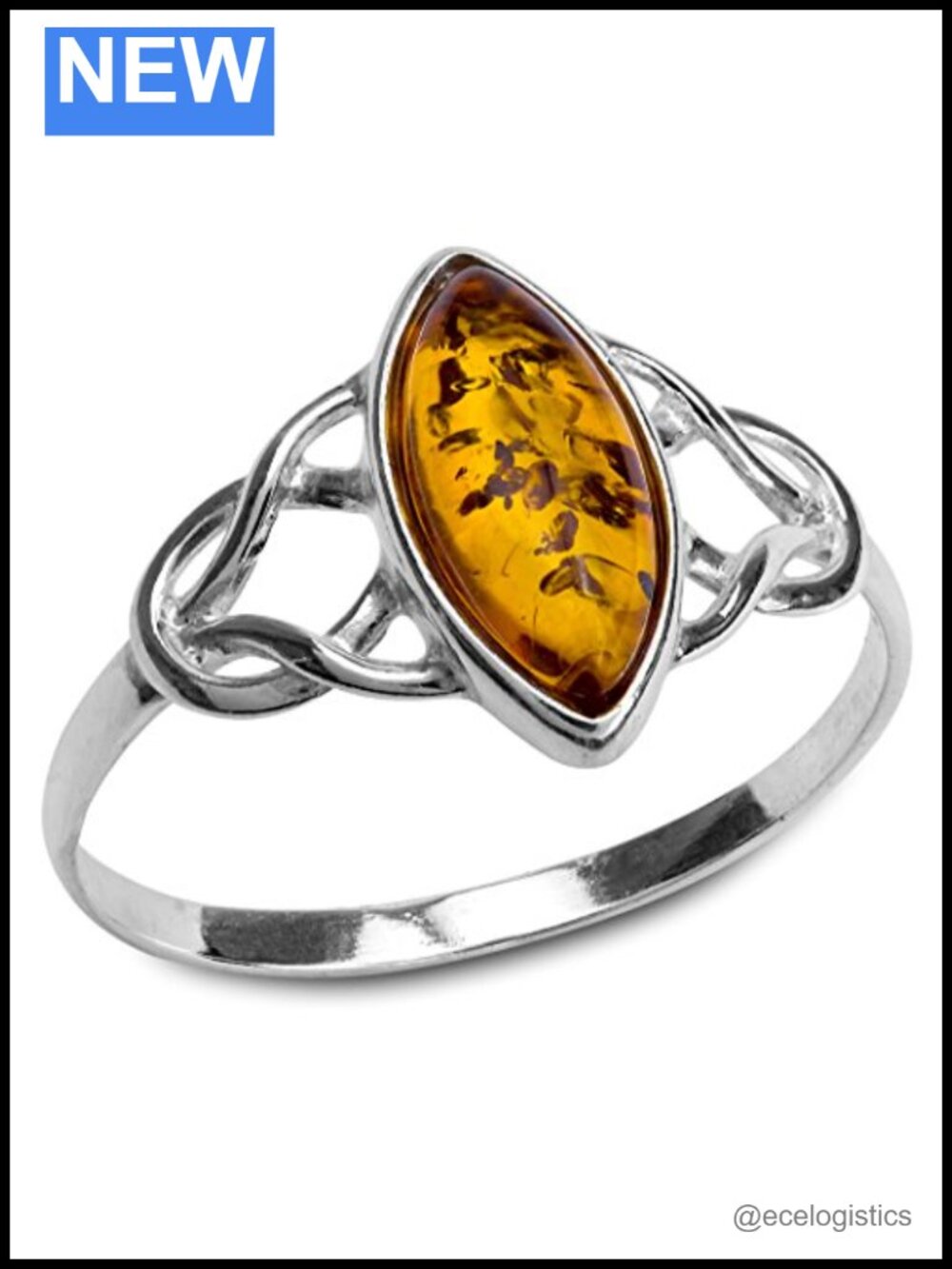 Sterling Silver Natural Amber Celtic Trinity Knot Ring Size 9